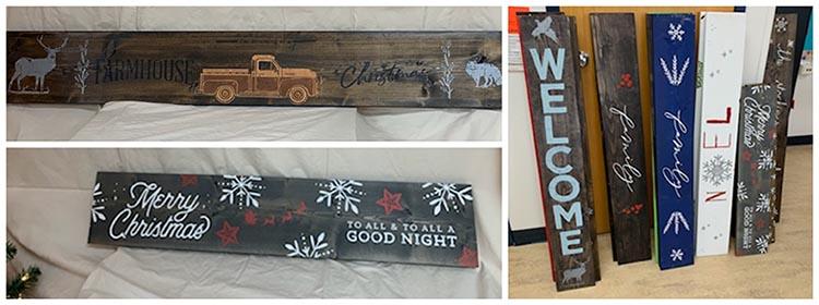 wooden signs made by students for fundraiser